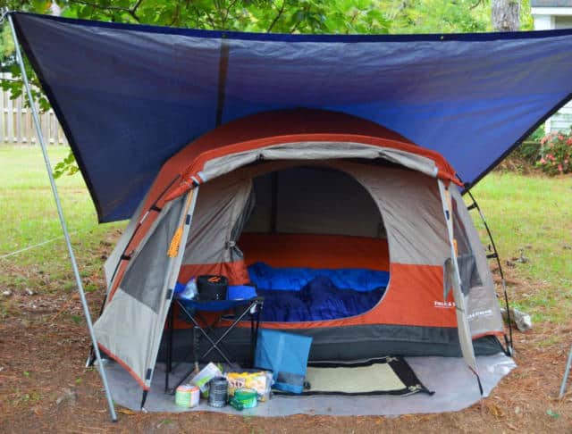 Three man tent set up for two.